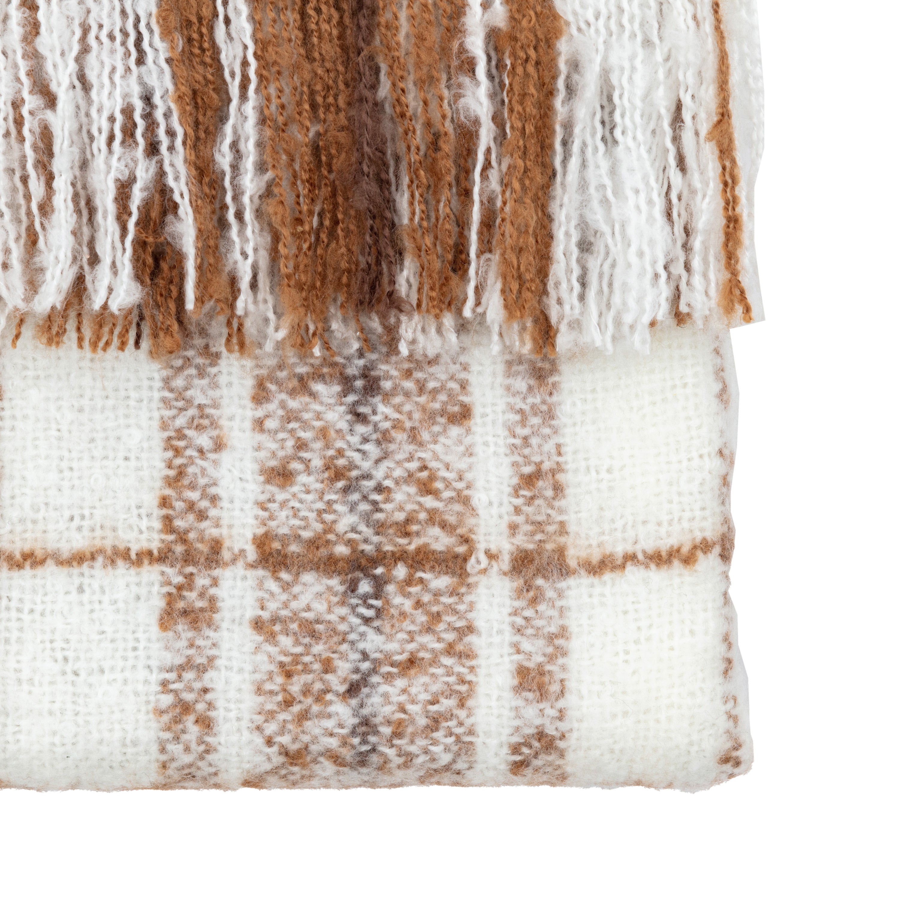 Check Faux Mohair Cream & Tan Brown Throw